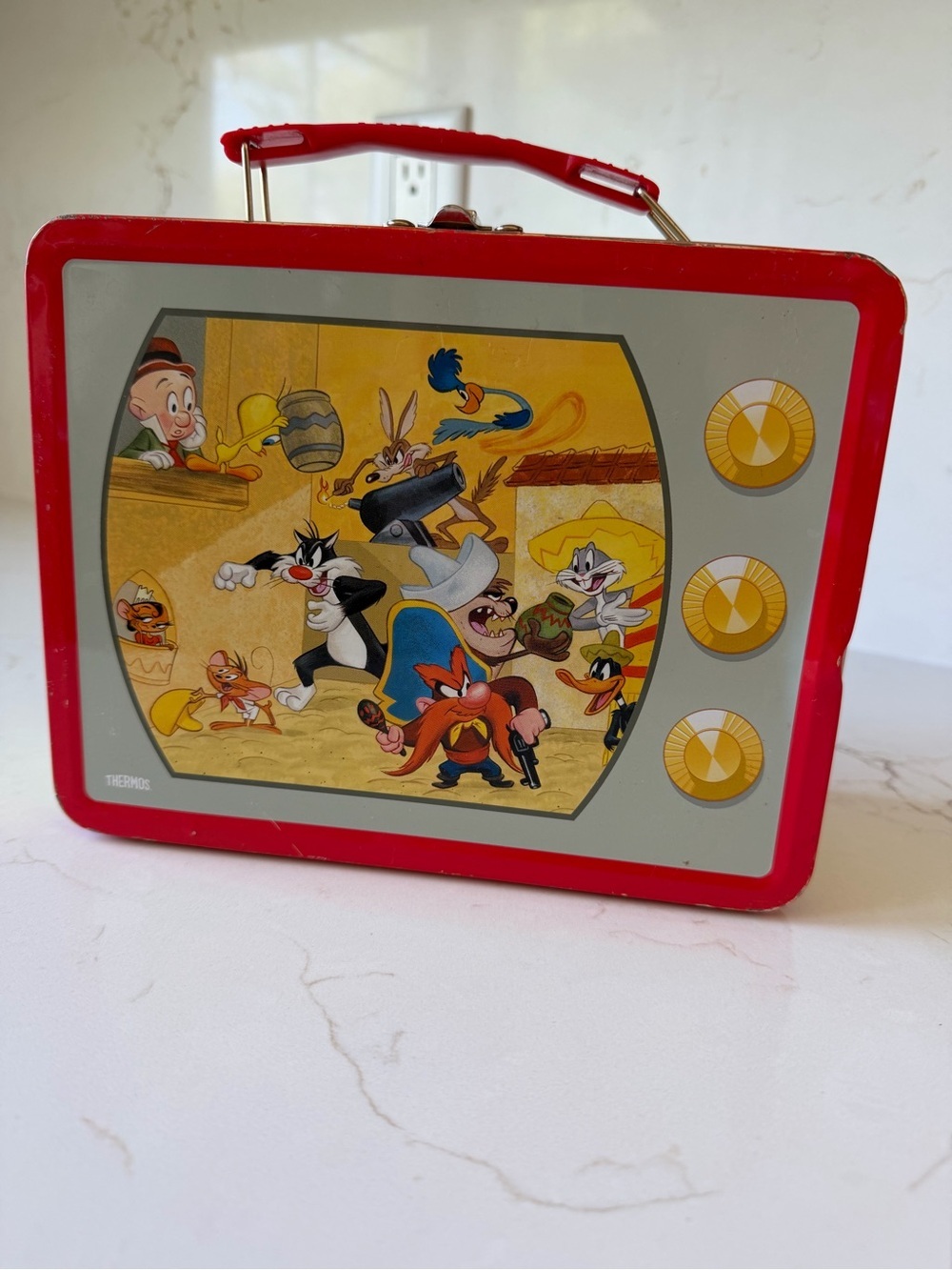 Vintage 1959 Thermos Red Cartoon TV Lunchbox with Yellow Accents Metal